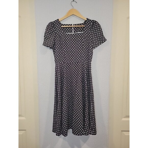 NEW 50s Square Neck A-line Polka Dot Rockabilly Swing Cocktail Dress Small Black - Picture 1 of 6